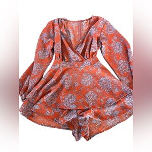Classic fashion collection, orange, blue floral, print, long sleeve‎ M romper